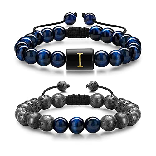 Blue Tiger Eye Bracelets for Men, 8mm Lava Rock Stone Mens Bracelets Tiger Eye Letter I Bracelets for Men Stress Relief Beads Adjustable Bracelets for Men Jewelry Gifts for Men Boys Husband Boyfriend