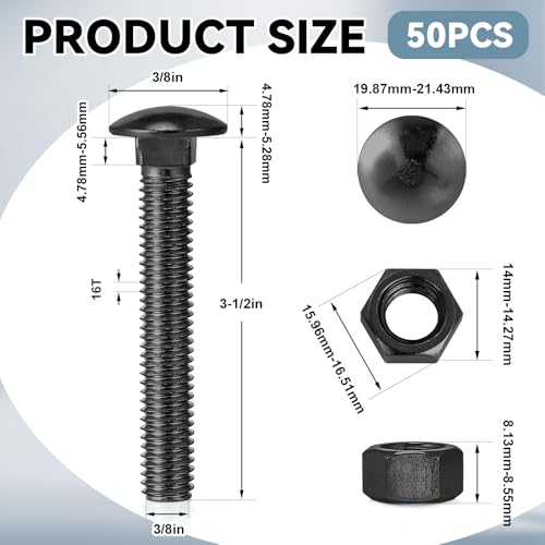 Image of Yaocom 50 Pack 3 /8 x 3 1 /2 inch Long Carriage Bolts with Nuts, Galvanized Steel (Black)