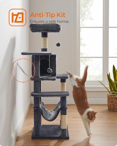 Image of Feandrea Cat Tree, 54.2-Inch Cat Tower, Plush Multi-Level Condo with 4 Scratching Posts, 2 Perches, Hammock, Cave, Smoky Gray UPCT161G01