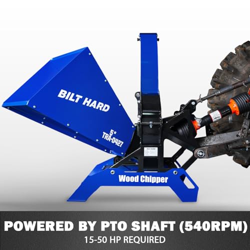 Image of BILT HARD 5 Inch 3 Point PTO Powered Wood Chipper for 15-50 HP Tractors, Leaf Branch Shredder Mulcher, Category 1 Hitch and Quick Hitch Compatible, 25 inch Rotor with Reversible Blades