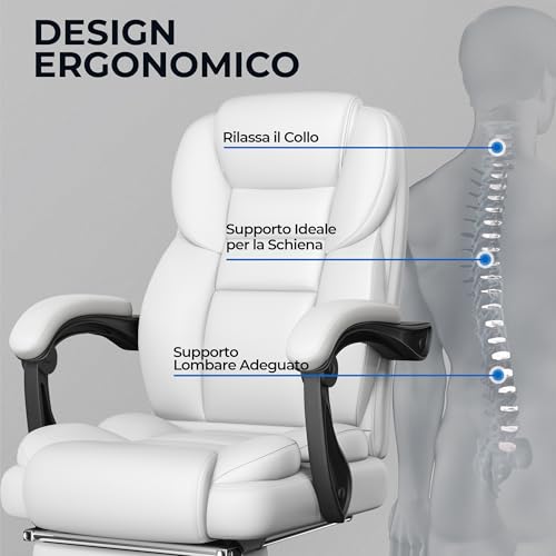 Poltrona Ufficio Ergonomica con Poggiapiedi Sedia da Ufficio in Finta Pelle con Schienale Reclinabile Bloccabile e Braccioli Imbottiti Rotelle Girevole Altezza Regolabile Bianco - Sedia gaming - Immagine 3