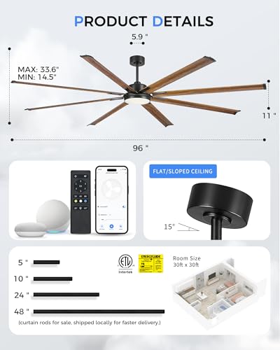 Image of 96 Inch Industrial Ceiling Fan with Light and Remote, Extra Large Design with 8 Aluminum Blades, Smart Control Compatible with Voice Assistants, Model ZCCF04WD-96