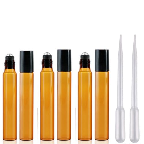 Difistik 8 botellas de aceite esencial, botellas de vidrio ámbar, botellas de vidrio enrollable con bolas de rodillo de acero inoxidable, botellas de bola de rodillo con cuentagotas de 2 ml, para