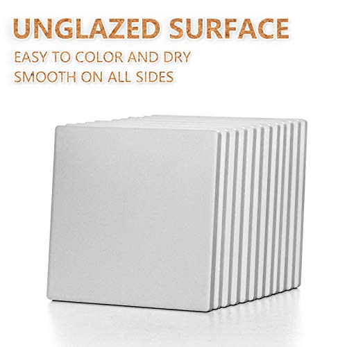 COYMOS 12pcs White Square Ceramic & Cork Coasters - DIY Craft Tiles for Painting, Alcohol Ink, Acrylic Pouring - 4x4 Inch - Unglazed - Includes Cork Backing Pads