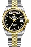 LOREO Mens Quartz Gold Watch Diamond Dial Stainless Steel Bracelet Sapphire Glass Dress Classic Date Waterproof Watches (Silver&Gold/Black Dial)