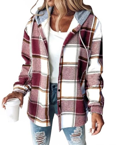 Minetom Sweatjacke Damen Karierte Winterjacke Kapuzenjacke Kapuzenpullover mit Knöpfen Herbst Winter Warm Fleece Gefüttert Jacke Mantel A Weinrot XL