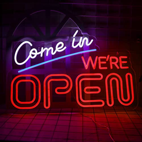 Vinray Large Come In We Are Open Neon Sign,12V Powered Led Neon Open Signs for Business Barber Shop and Bar Club Pub.Super Bright Light Than Small Size Open Sign.