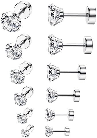 ORAZIO 6 Pairs 18G Stainless Steel Ear Stud Piercing Barbell Studs Earrings Round Cubic Zirconia Inlaid