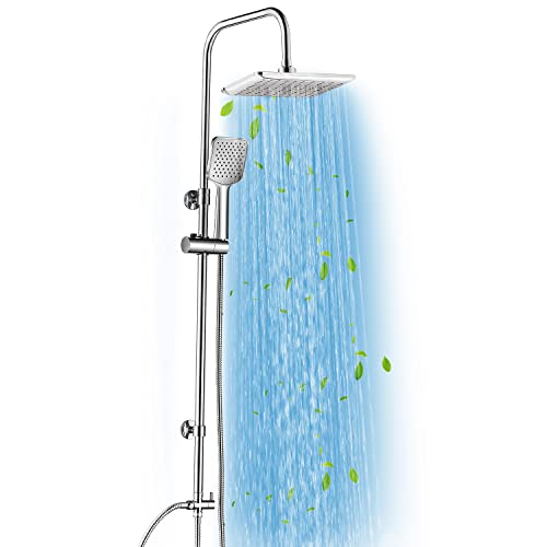 L'amourQua Shower System with Rain Shower Head, Shower Bar lift 36CM, 8 Inch Square Rain Shower Head with 3 Modes, Holder Hose, Anti-leak Waterfall Showerhead for Home Hotel, Chrome