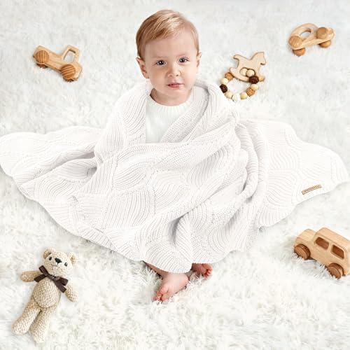 Image of Thick Cotton Knit Baby Blanket 40x31 Inches - Soft Breathable Newborn Blanket for Boys & Girls, Wavy Pattern Receiving Blanket for Crib, Stroller, or Nursery, Gift Box for Baby Shower (White)
