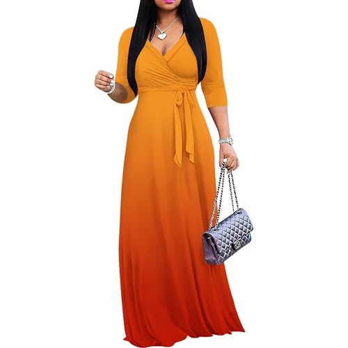 Image of PinkPatty Women's Plus Size Maxi Dress Casual 3 /4 Sleeve Dress with Belt | Soft stretch feel, printed style, flowy A-line fit, v neck, waist tie, side pockets, for vacation, party and daily wear