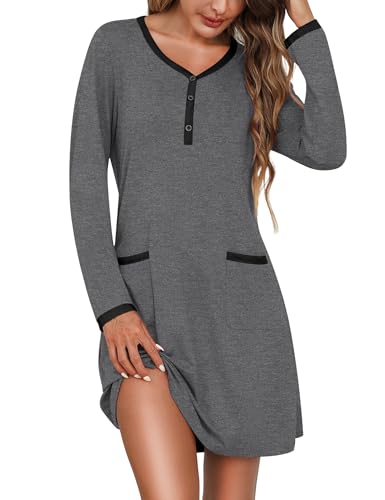 Litherday Camisón Mujer Algodón Manga Larga con Bolsillos y Botones – Camisón Largo Cómodo de Casa Invierno Ropa de Dormir Clásica Gris Oscuro L
