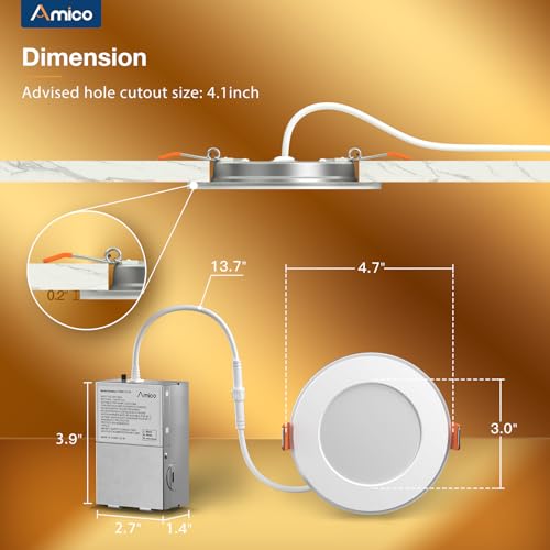 Amico 12 Pack 4 Inch 5CCT LED Recessed Ceiling Light with Night Light, 2700K/3000K/3500K/4000K/5000K Selectable Ultra-Thin Lighting, 10W=90W, 700LM, Dimmable Canless Wafer Downlight - ETL&FCC