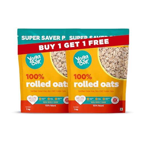 Image of Yogabar 100% Rolled Oats 2 kg (1 Kg Pack of 2 Pouch) | Gluten-Free, High-Fibre Wholegrain Oats | Nutritious Breakfast Cereal, Easy-to-Cook