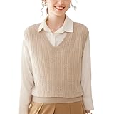 Valin Jersey de punto para mujer 95% de cachemira, cuello en V, sin brazos, suéter de punto para mujer, patrón trenzado, jersey grueso relajado, SH515, camel, 42