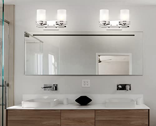 Image of JONATHAN Y Fairfax 2-Light Bathroom Vanity Light 14.25 inch Metal /Glass, Chrome | Art Deco Style, Frosted White Cylinder Shades, Dimmable, LED Bulbs Included, Hardwired Mirror Wall Sconce