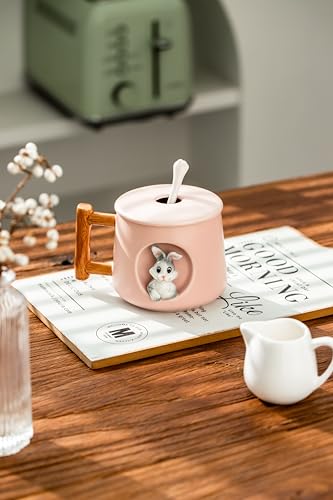 Image of DIHOclub Adorable 3D Ceramic Rabbit Mug with Lid and Spoon Perfect for Coffee, Tea, Milk, and More - Ideal Gift for Bunny Lovers - 14 Ounces (Pink)