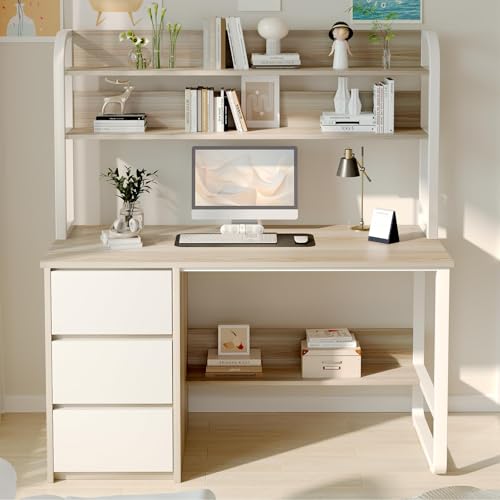 60 Inch Desk with Drawers, Computer Desk with Hutch for Bedroom, Study Writing Desk for Small Spaces, Bottom Shelves, Adjustable Feet, White and Walnut