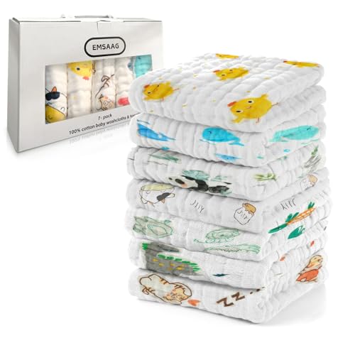 EMSAAG Gift Boxed Animal Pattern Baby Washcloths Pack of 7 - Absorbent Bath and Face Towels, Soft Sweat Cloths for Newborn 100% Cotton Baby Wipes, Burp Cloths for Babies and Infants