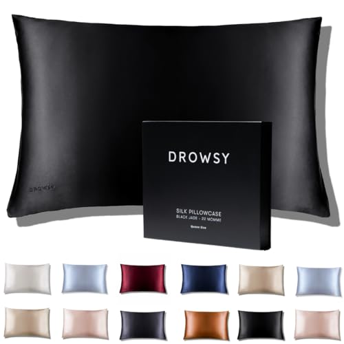 Drowsy Mulberry Silk Pillowcase - 100% 22 Momme 6A Silk Pillowcase for Hair, Skin and Beauty Sleep - Standard Queen/King (Black Jade)