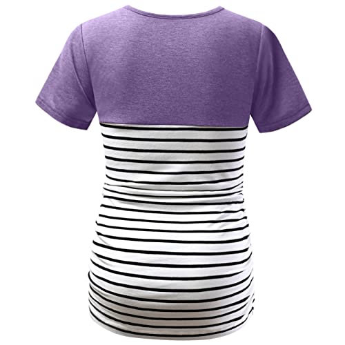 Debelly Maternity Striped Shirts Short Sleeve Pregnancy Summer Tee Color Block Mama Tunic Tops Side Ruched Crew Neck Blouse With Crochet Pocket,Purple,Xl #TOP1