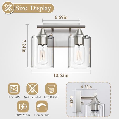 Image of Bathroom Vanity Light Fixture, 2-Light Brushed Nickel Over Mirror, Modern for Bedroom Vanity Table Hallway