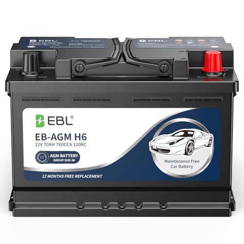 EBL BCI Group 48 Car Battery,12V 70Ah Size H6 Performance Series AGM Battery - High Power 760CCA 120RC, Maintenance-Free & Leakproof Design