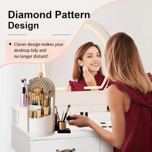 Image of Makeup Brush Holder with Lid,Makeup Brush Storage Box with Diamond Pattern,360 Rotating Waterproof and Dustproof Beauty Brushes Storage for Vanity Bathroom,White