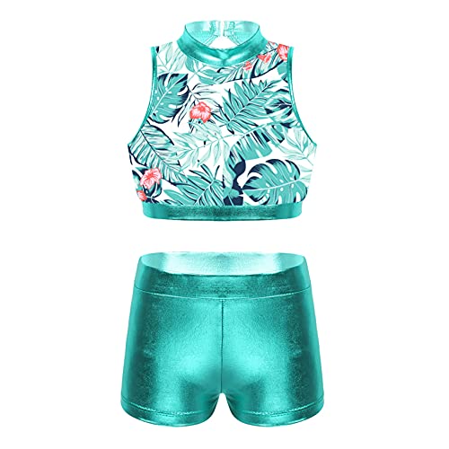 Choomomo Kids Girls 2 Piece Dance Outfit Crop Top with Booty Shorts for Hip-hop Jazz Stage Performance Tropical Palm Leaves 14 Years