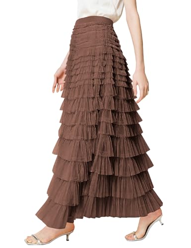 Women's Tulle Maxi Skirt High Waist Elastic Tiered Ruffle A-Line