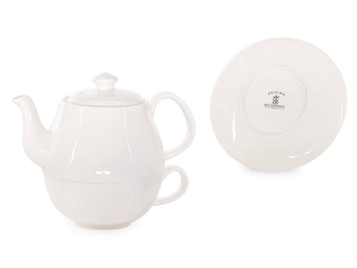 Tea for One Daisy 600ml aus Crystal Bone China Porzellan in fein-cremigem Weiß. Teekanne + Teetasse + Untersetzer