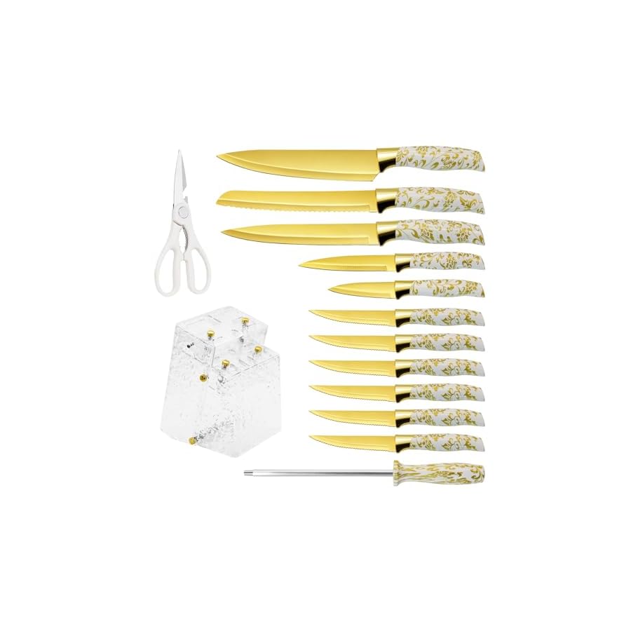 Knife-Block-Set-Gold-Sharp-Knives-with-Acrylic-Block-Stainless-Steel-Kitchen-Knife-Set-with-Serrated-Steak-Knife-Chef-Knife-Bread-Knife-Scissors-Sharpener-14Pcs-Professional-Knife-Set-for-gift Knife Block Set, Gold Sharp Knives with Acrylic Block, Stainless Steel Kitchen Knife Set with Serrated Steak Knife, Chef Knife, Bread Knife, Scissors, Sharpener, 14Pcs Professional Knife Set for gift