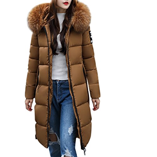 Women's Fur Hooded Long Down Coat Casual Winter Windproof Thicker Maxi Slim Warm Cotton Parka Outerwear Puffer Jacket Coffee