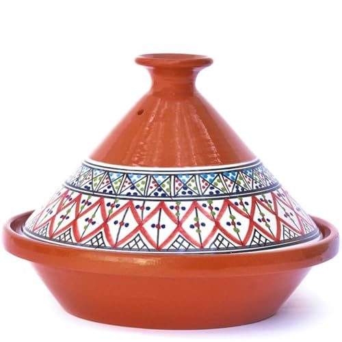 Kamsah Tagine Pot for Cooking and Flavor Enrichment - Medium Clay Pot 10”, 3.1 QT - Non-Stick Handmade Cookware - Moroccan Ceramic Pots for Cooking with Lid & Serving Bowl - Bohemian Classic Red
