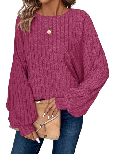 RICHSTORY Womens Fall Fashion 2025 Casual Batwing Long Sleeve Shirts Loose fit Crewneck Lightweight Knit Pullover Tops Dressy Tunic Blouse Work Outfits Rose L