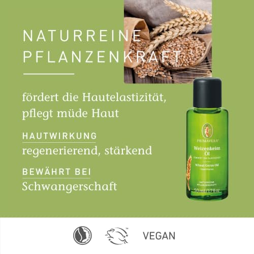 Foto von PRIMAVERA Pflegeöl Weizenkeimöl 50 ml – naturreine Pflanzenkraft – Glasflasche – Aromaöl, Körperöl, Schwangerschaftsöl, Naturkosmetik – erhält die Hautfeuchtigkeit, fördert die Elastizität – vegan