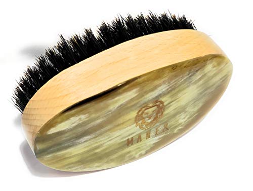 Man & Mane Premium Handmade Oxhorn Military Style Medium Stiff Natural Boar Bristle Men’s Hair Brush For Facial Hair & Beard Care #TOP2