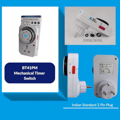 Image of Blackt Electrotech BT41PM 24 Hour Plug-in Mechanical Timer Switch (10 Amp, 230V) - Programmable Analog Timer Socket for Lamps, Aquariums, and Home Appliances - 15 Minute Intervals