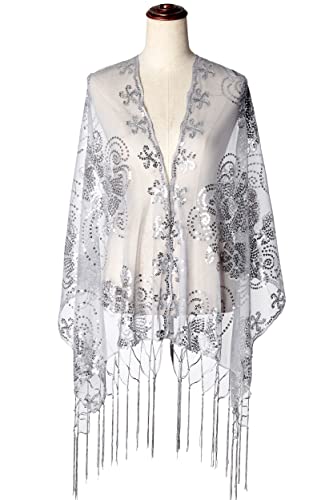 Image of BABEYOND 1920s Sequined Shawl Wraps for Women Fringed Evening Cape Wedding Bridal Shawl Scarf for Evening Dresses Party