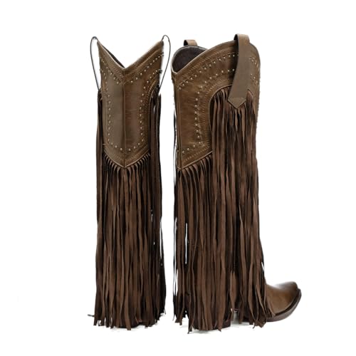 Tsrenlmln Western Bootsfor women Fashion Pointed ToeChunky Heel EmbroideredPull-On Knee High Fringe3