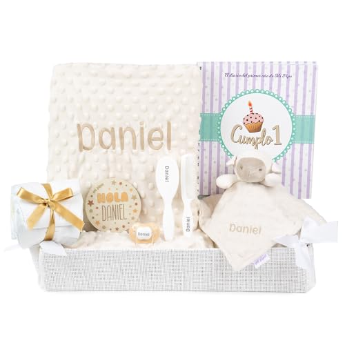 Mi Pipo - Canastilla Bebe Personalizada Beige con Diario Primer Año | Cesta Bebe Recien Nacido con Manta, Doudou, Chupete y Pañales | Set Regalo Nacimiento Completo, Nombre Bordado, Poliéster