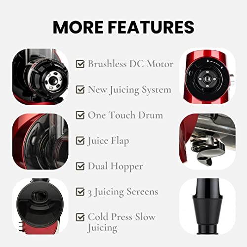 Sana 727 Supreme Cold Press Masticating Juicer | Large Batch | Non-Stop Juicing | 4 Speed Brushless DC Motor | 45-120 RPM’s | Easy clean 132 Page Recipe Book | 15 Year Warranty | Red - Thumbnail 5