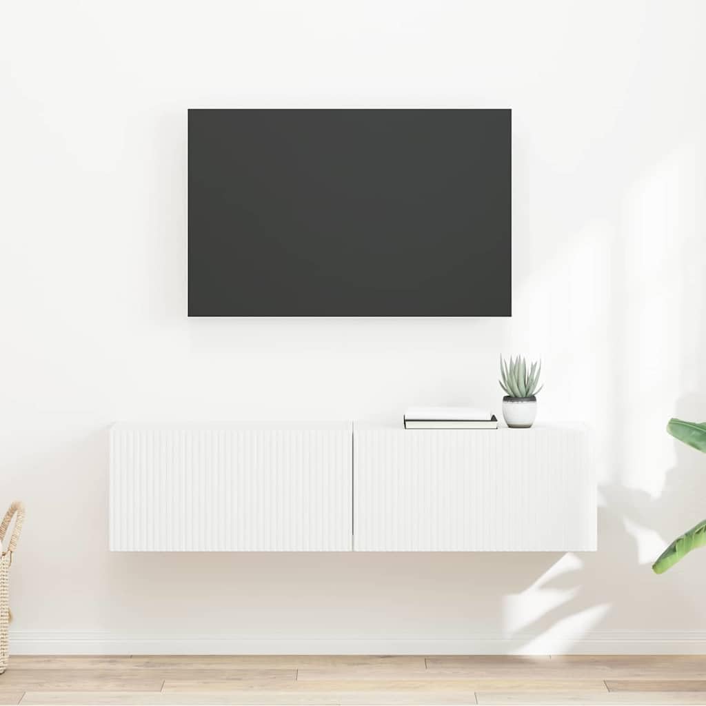 Szafka ścienna pod telewizor, zestaw 2 sztuk, biała, 60 x 31 x 29,5 cm, materiał drewnopochodny, wisząca, z drzwiami, regał ścienny do salonu, minimalistyczny, nowoczesny
