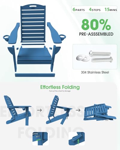 SUUNYN Folding Adirondack Chair HDPE All-Weather Adirondack Chairs with Cup Holder, Outdoor Fire Pit Chairs Lawn Chair for Deck Patio Garden (NavyBlue) - Image 4