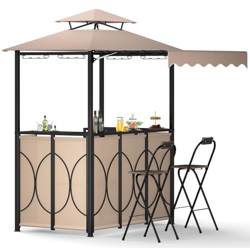 HOMASIS Gazebo per Barbecue con Banco da Bar e 2 Sgabelli, Gazebo Esterno Resistente con Doppio Tetto, Pergolato Resistente alla Pioggia e al Fuoco (Marrone, con tenda laterale, 193 x 117 x 240 cm)