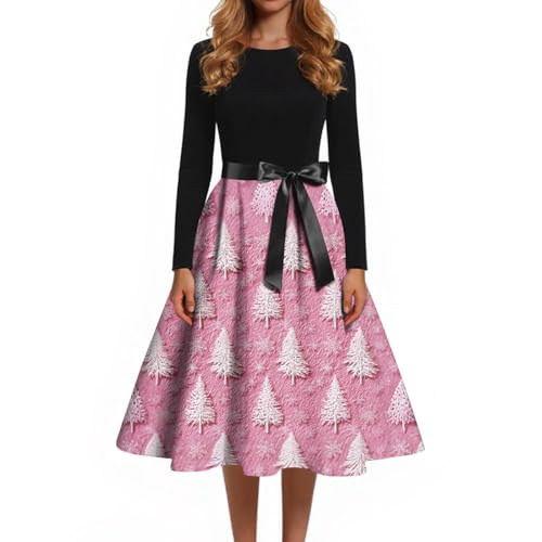 Weihnachtskleid Damen Kleid Weihnachten Elegant Langarm Weihnachts Kleider mit Weihnachtsmotiv Lustig Rockabilly Vintage A-Linie Swing Partykleid...