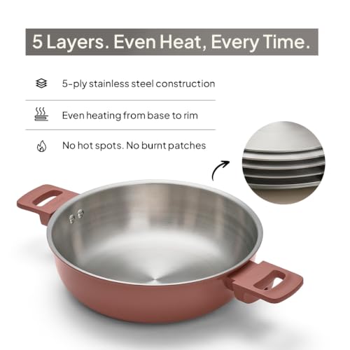 Image of Ember Cookware 5-Ply Stainless Steel Kadai with Glass Lid | 24cm 2.6L | Induction & Gas Compatible | 100% PTFE & PFOA Free | Scratch-Resistant Ceramic Exterior | Terracotta