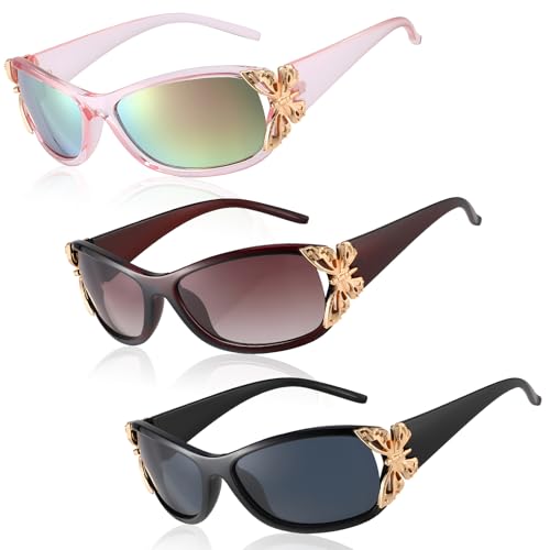 GGSTDDUP 3 Pairs Y2K Sunglasses for Women Fashion Wrap Around Butterfly Design Sun Glasses with UV400 Protection for Cycling Driving Fishing Mix Color1