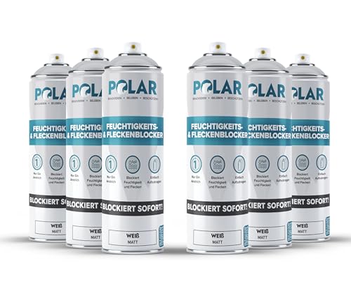 Polar Feuchtigkeits und Fleckenspray - Weiß Matt - 6 x 500ml - Einschichtlack zur Feuchtigkeitsabdichtung - Isoliert Flecken und Schimmel an Innenwänden und Decken