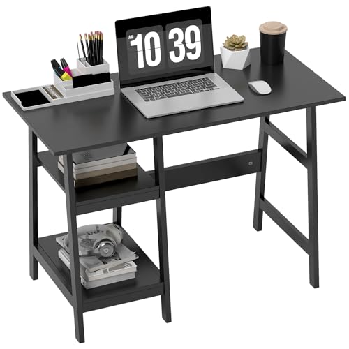 HOMCOM Escritorio Compacto para Ordenador con Estantes, Mesa de Estudio con Estantería, Mesa de Trabajo para PC para Oficina en Casa, Estudio, Fácil Montaje, 106 x 51cm, Negro
